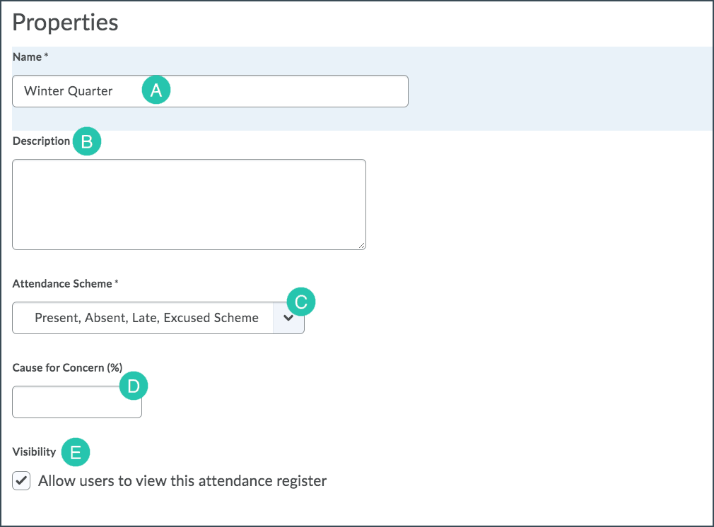 Image of properties settings for attendance register setup