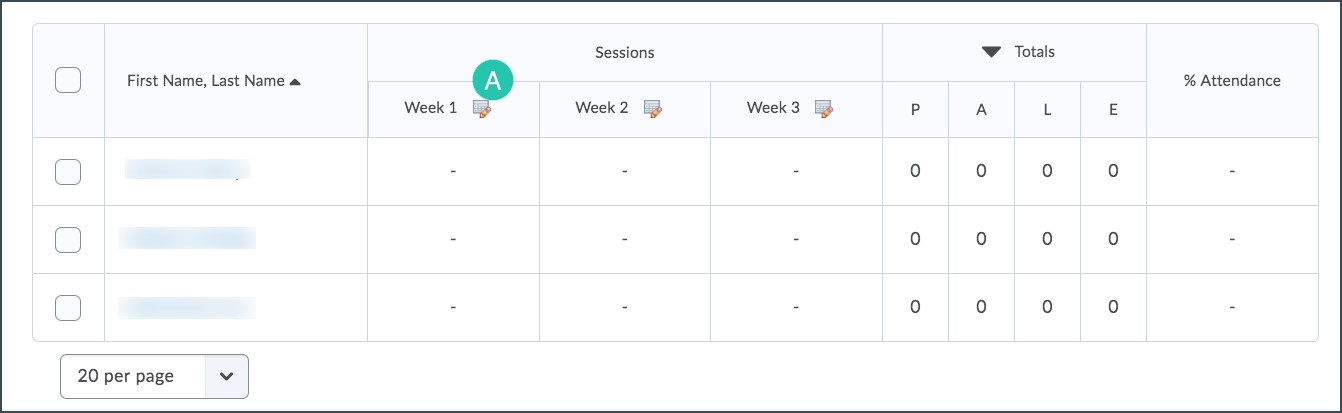 Image of attendance register sessions with option to open a session highlighted