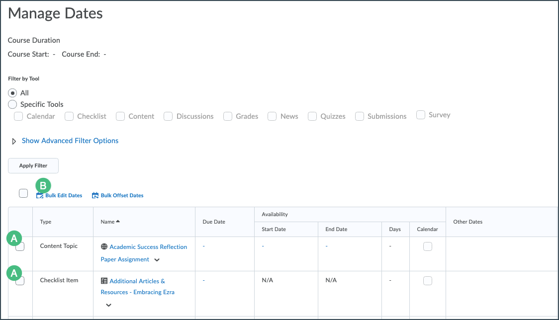 Manage Dates Tool with Bulk Edit Dates Highlighted