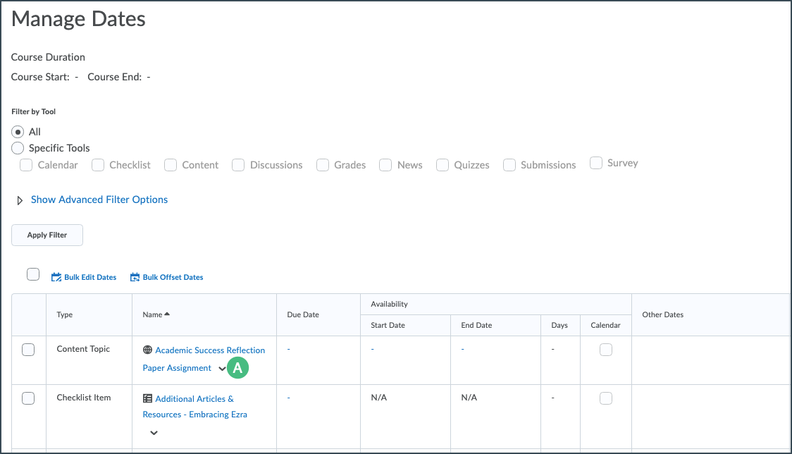 Manage Dates Tool with More Actions dropdown arrow highlighted