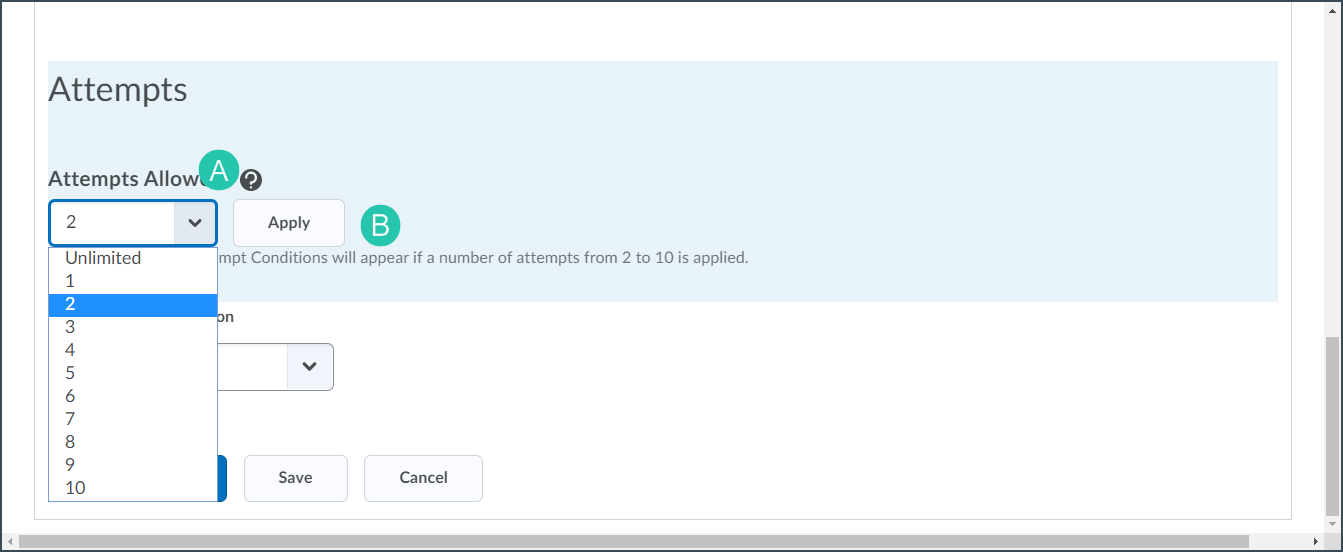 Visual of the steps to choose the number of attempts and apply to the quiz.