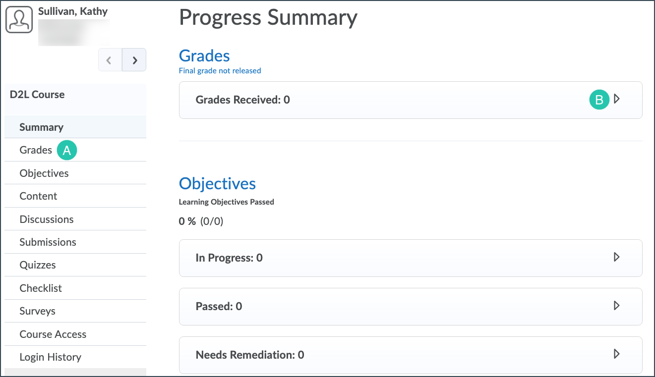 Screenshot of the Progress Summary page with the options to narrow by tools highlighted with lettered step markers